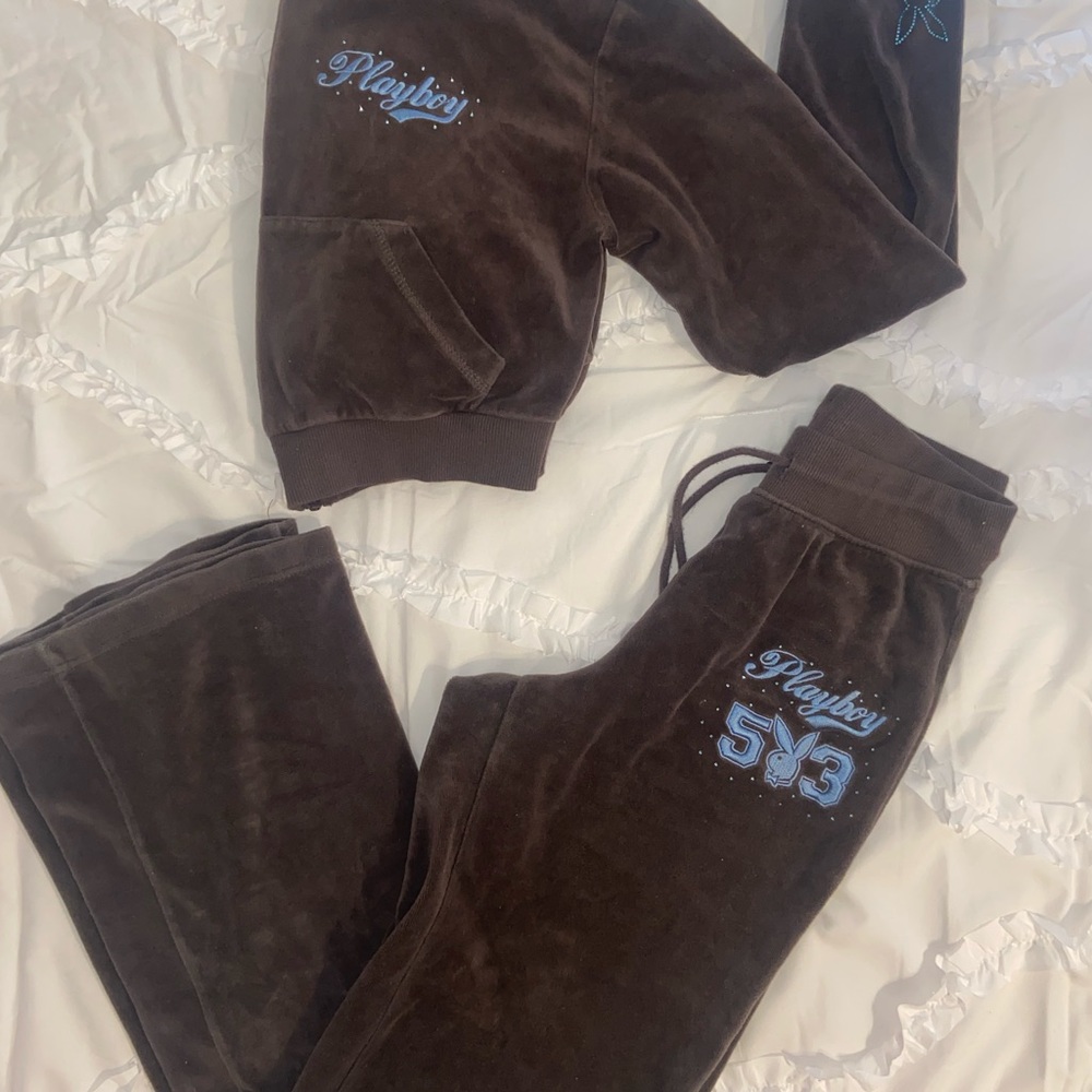 - SOLD Playboy Brown Set - Cropped Zip Up Jacket & High Waisted Flare Pants